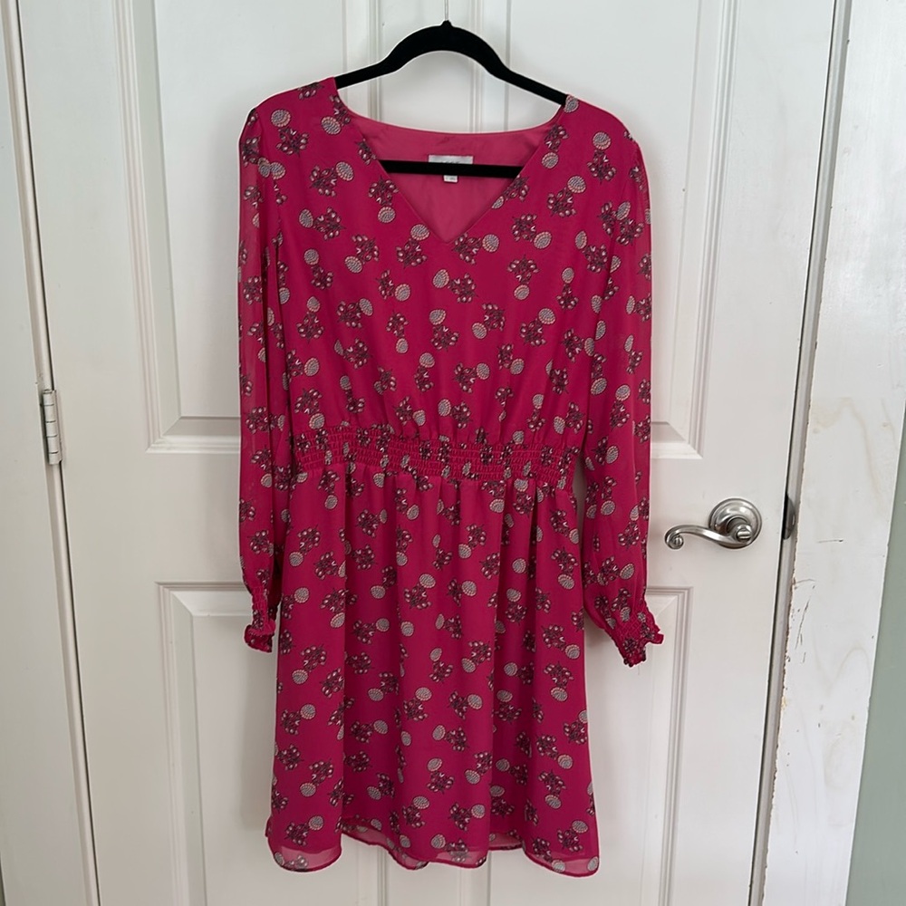 Hot pink 3/4 sleeve dress. Very flattering fit.